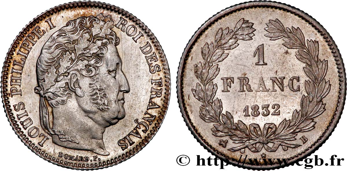 1 franc Louis-Philippe, couronne de chêne 1832 Rouen F.210/2 AU 