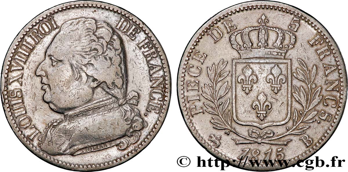 5 francs Louis XVIII, buste habillé 1815 Rouen F.308/16 TB+ 