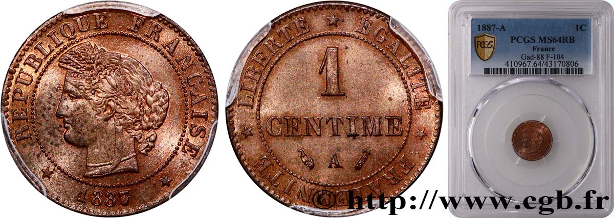 1 centime Cérès 1887 Paris F.104/14 SPL64 PCGS