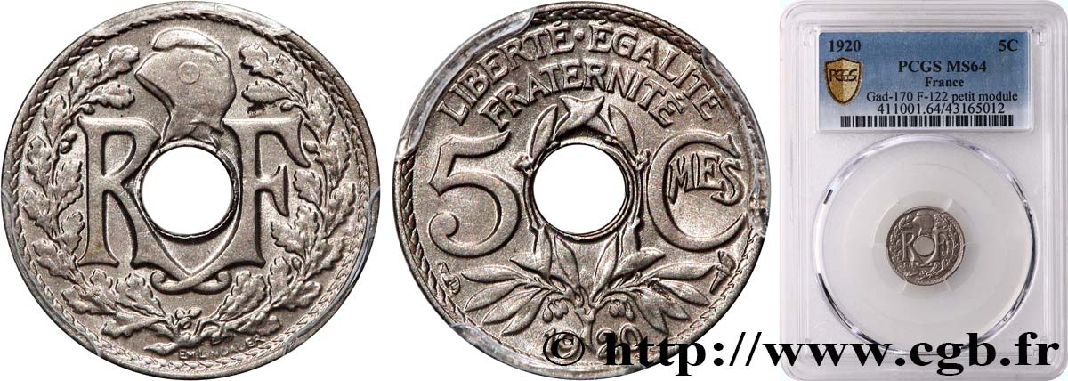 5 centimes Lindauer, petit module 1920  F.122/2 SPL64 PCGS