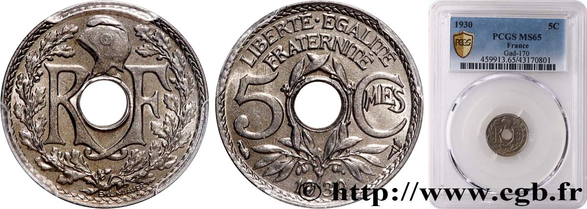 5 centimes Lindauer, petit module 1930 Paris F.122/13 ST65 PCGS