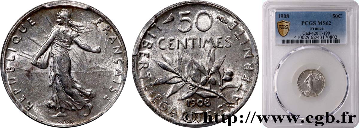 50 centimes Semeuse 1908 Paris F.190/15 MS62 PCGS