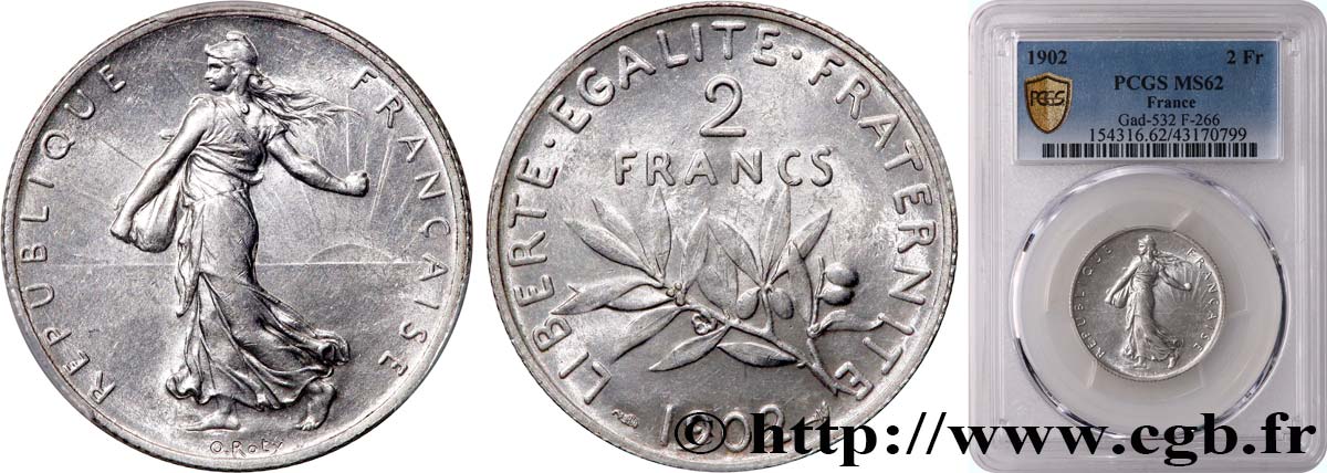 2 francs Semeuse 1902  F.266/7 SUP62 PCGS