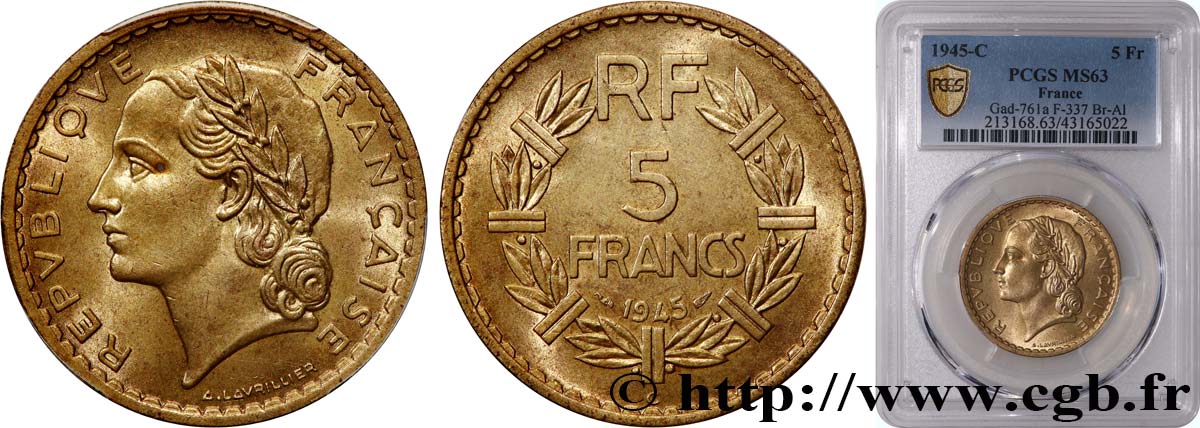 5 francs Lavrillier, bronze-aluminium 1945 Castelsarrasin F.337/6 SPL63 PCGS