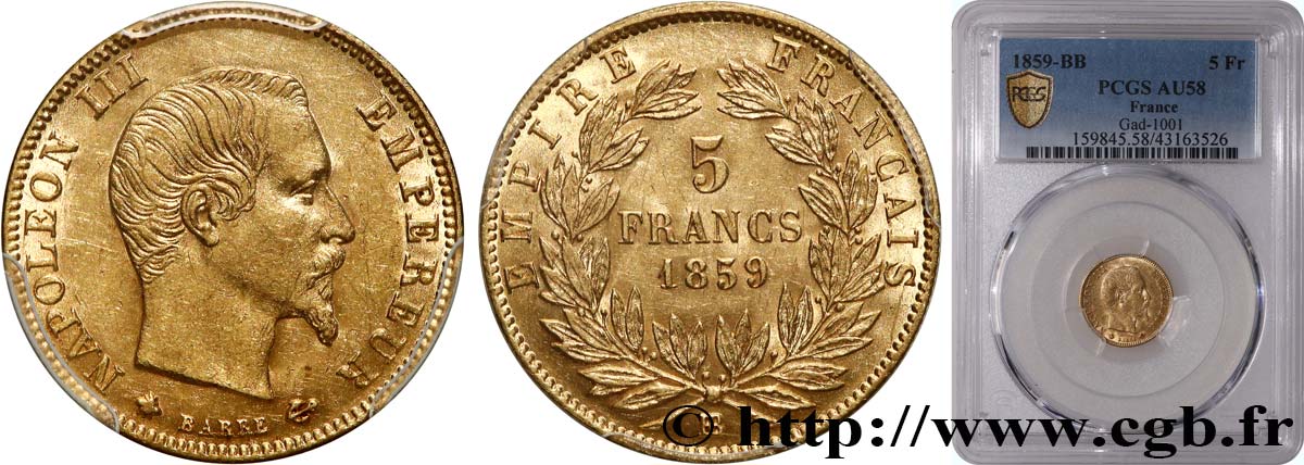 5 francs or Napoléon III, tête nue, grand module 1859 Strasbourg F.501/8 AU58 PCGS