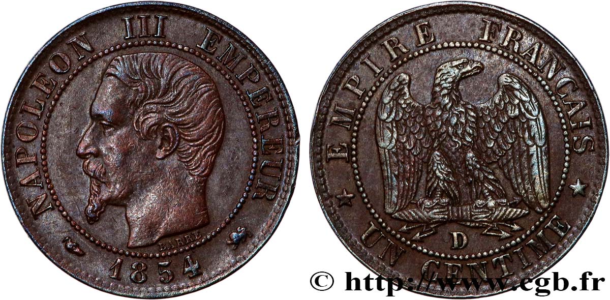 Un centime Napoléon III, tête nue 1854 Lyon F.102/12 MBC45 