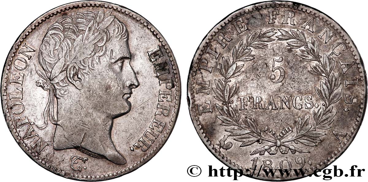 5 francs Napoléon Empereur, Empire français 1809 Paris F.307/1 TB+ 