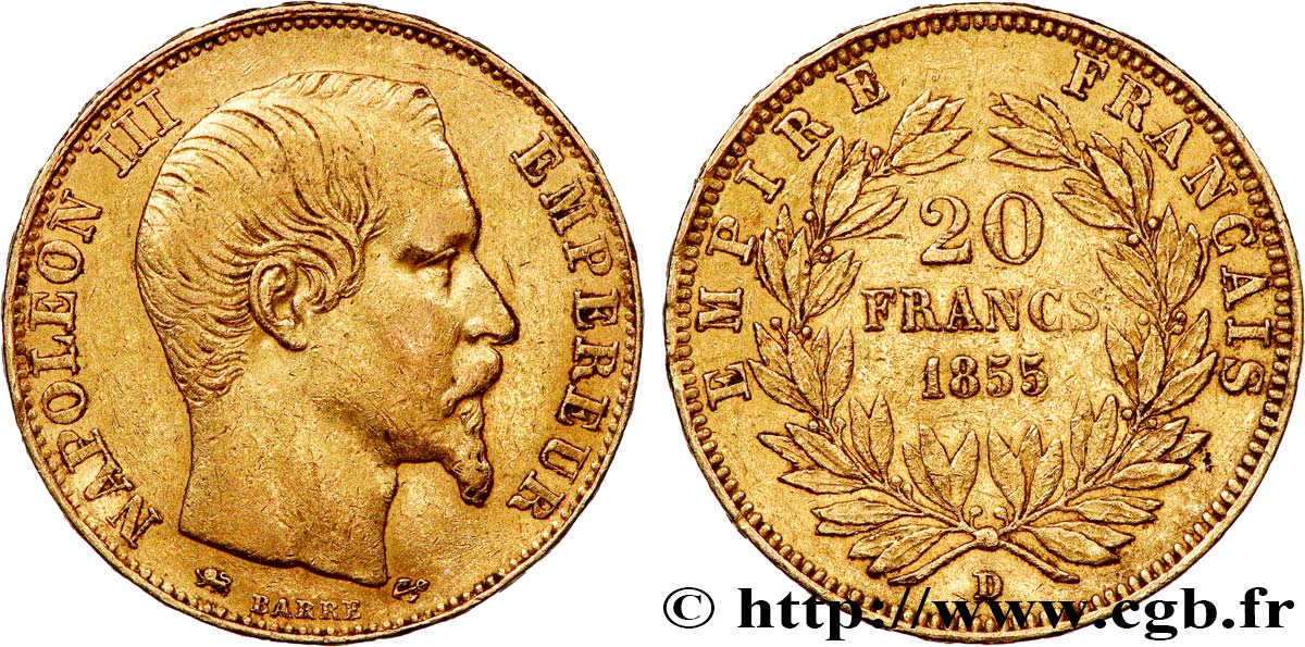 20 francs or Napoléon III, tête nue 1855 Lyon F.531/7 SS40 