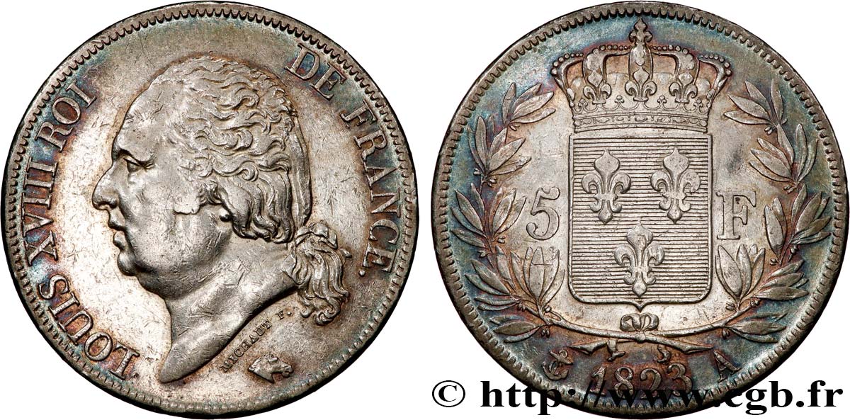 5 francs Louis XVIII, tête nue 1823 Paris F.309/76 MBC 