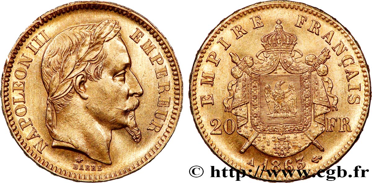 20 francs or Napoléon III, tête laurée 1863 Paris F.532/6 VZ+ 