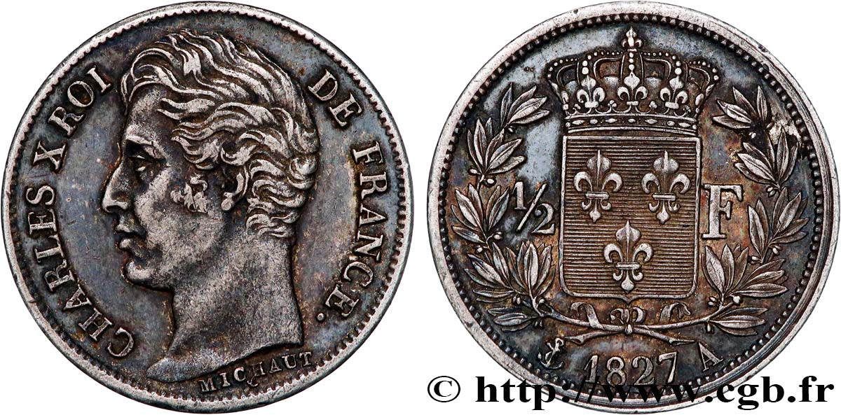 1/2 franc Charles X 1827 Paris F.180/13 TTB53 