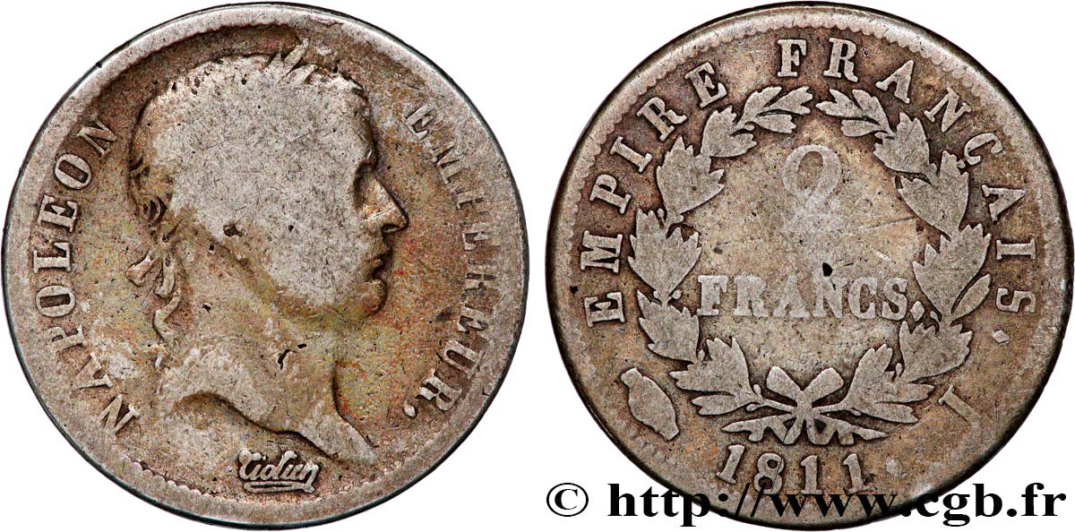 2 francs Napoléon Ier tête laurée, Empire français 1811 Limoges F.255/29 VG8 