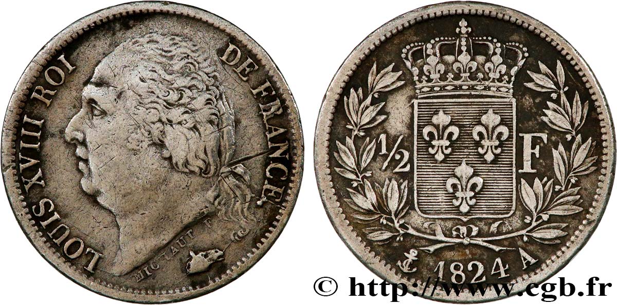 1/2 franc Louis XVIII 1824 Paris F.179/43 TB+ 