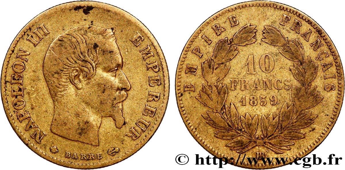 10 francs or Napoléon III, tête nue 1859 Strasbourg F.506/8 TB 