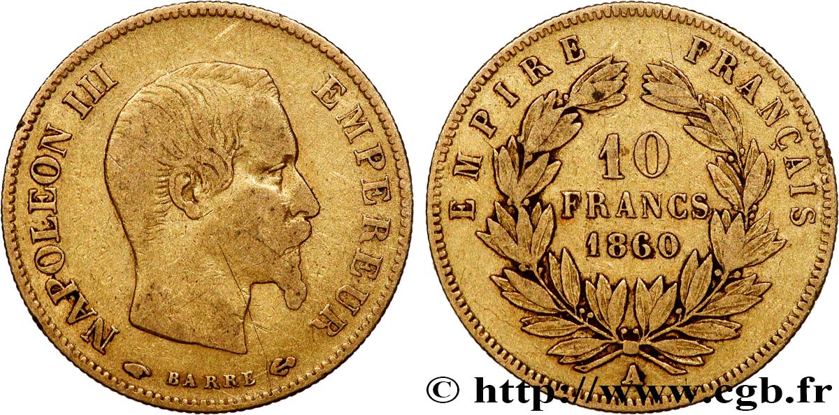 10 francs or Napoléon III, tête nue 1860 Paris F.506/9 S25 