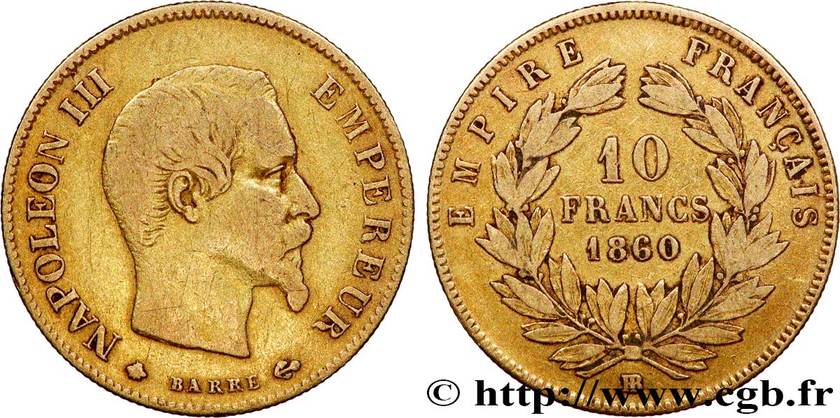 10 francs or Napoléon III, tête nue 1860 Strasbourg F.506/11 TB25 