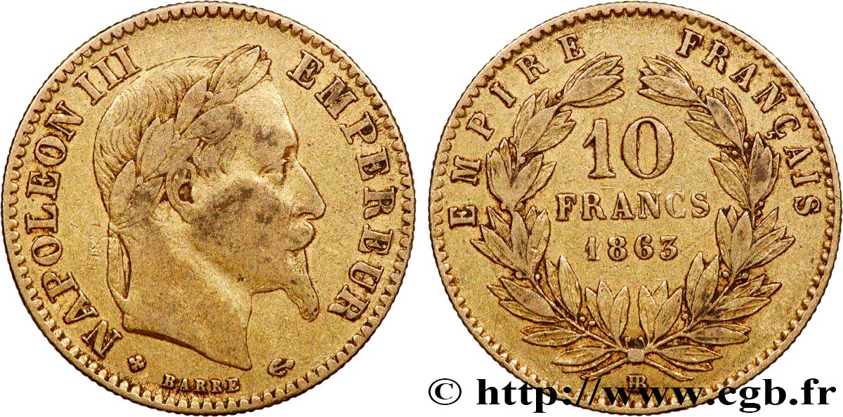 10 francs or Napoléon III, tête laurée, type définitif à grand 10 1863 Strasbourg F.507A/4 TB30 