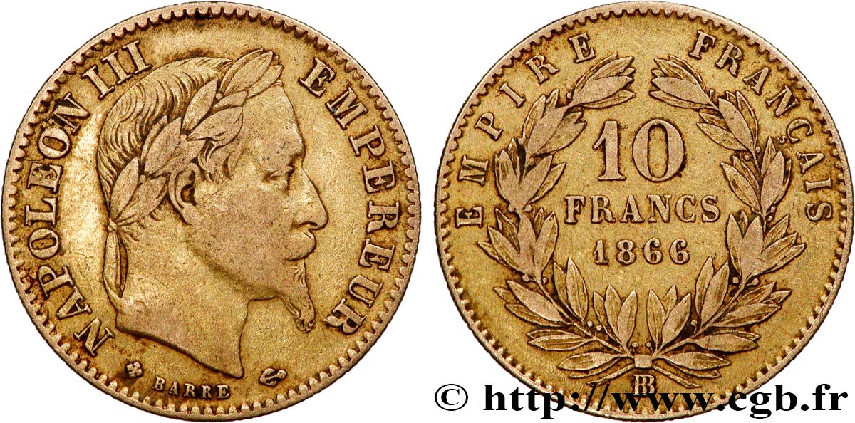 10 francs or Napoléon III, tête laurée 1866 Strasbourg F.507A/14 VF25 