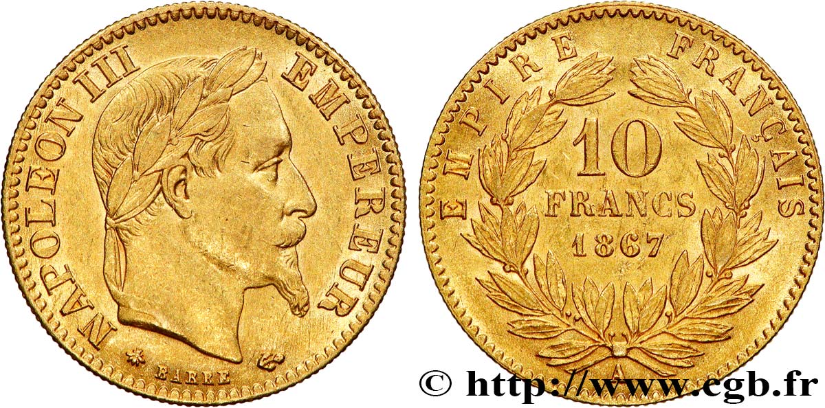 10 francs or Napoléon III, tête laurée 1867 Paris F.507A/15 AU58 