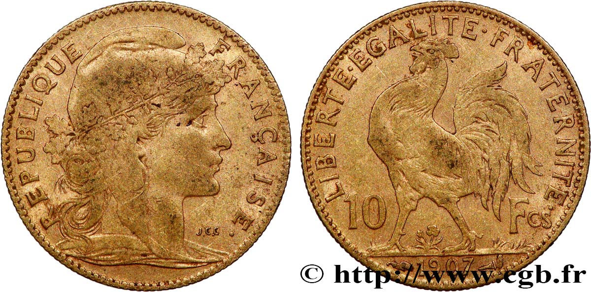 10 francs or Coq 1907 Paris F.509/8 TTB 