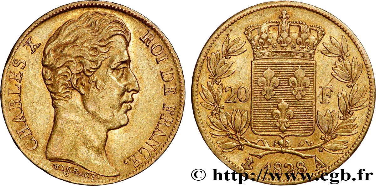20 francs or Charles X, matrice du revers à cinq feuilles 1828 Paris F.521/2 SS45 