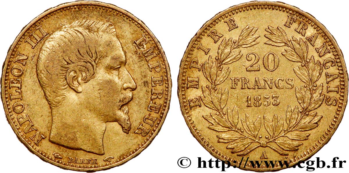 20 francs or Napoléon III, tête nue 1853 Paris F.531/1 XF40 