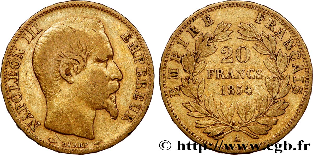 20 francs or Napoléon III, tête nue 1854 Paris F.531/2 MB 
