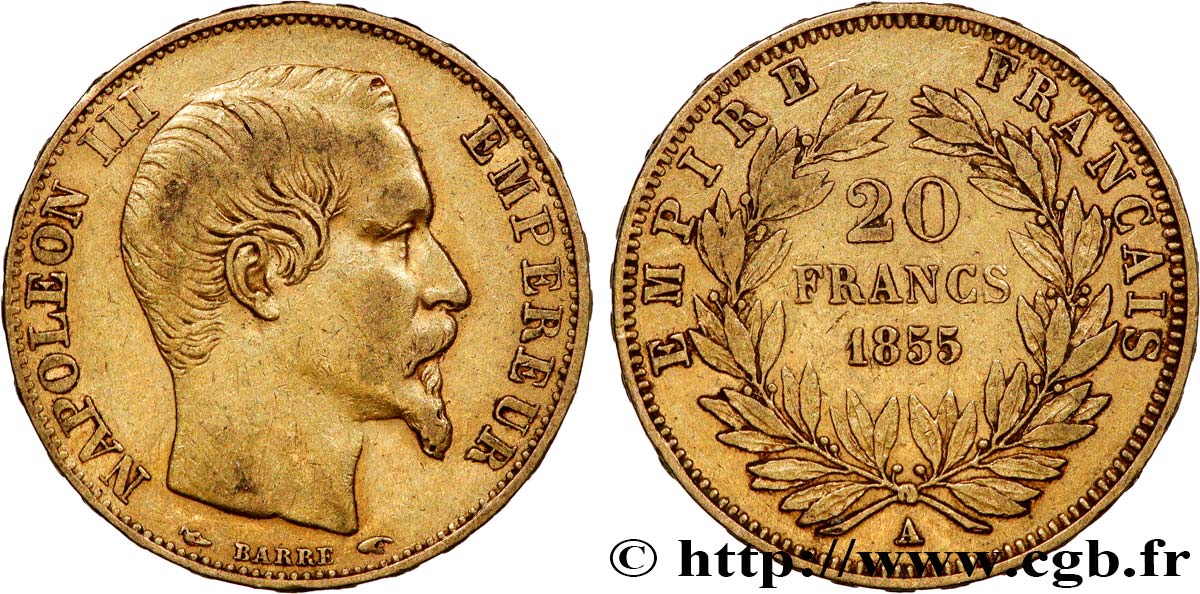 20 francs or Napoléon III, tête nue 1855 Paris F.531/3 XF45 