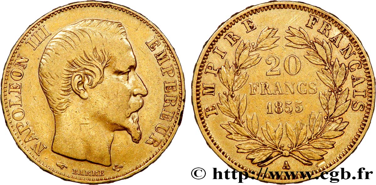 20 francs or Napoléon III, tête nue 1855 Paris F.531/4 TB+ 