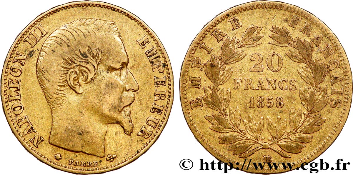 20 francs or Napoléon III, tête nue 1858 Strasbourg F.531/14 VF35 