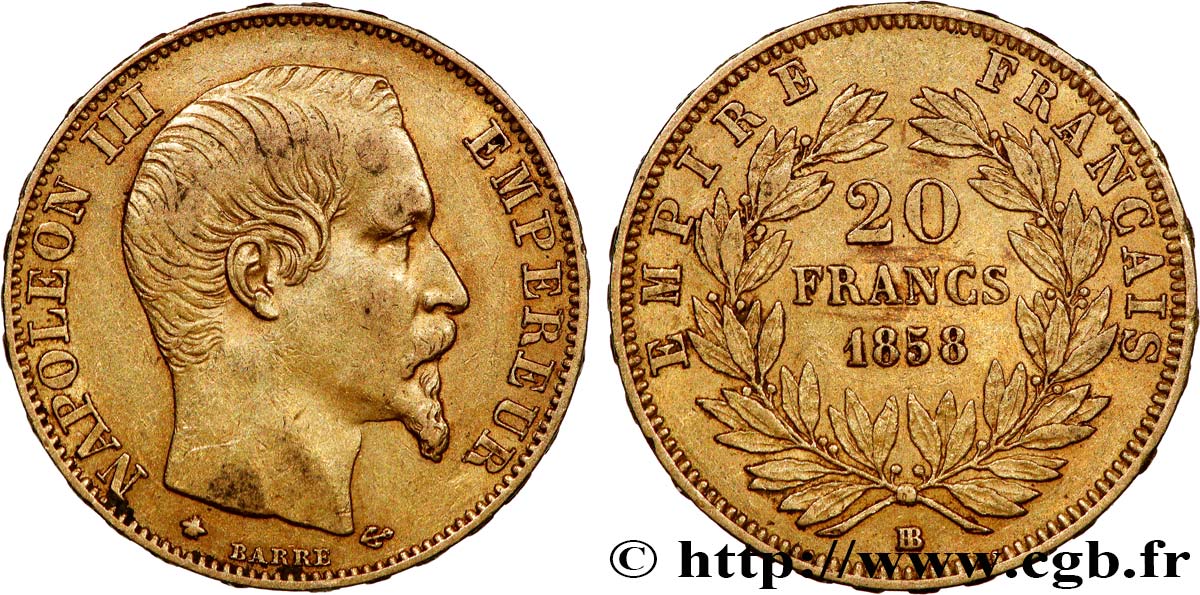 20 francs or Napoléon III, tête nue 1858 Strasbourg F.531/14 XF45 