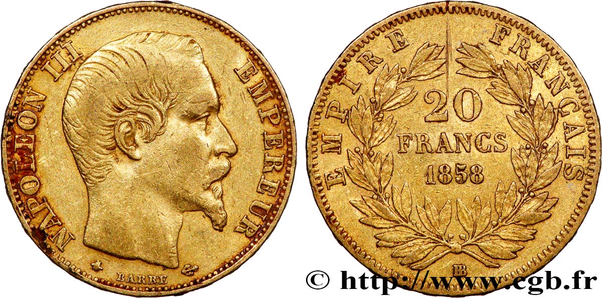 20 francs or Napoléon III, tête nue 1858 Strasbourg F.531/14 MBC 