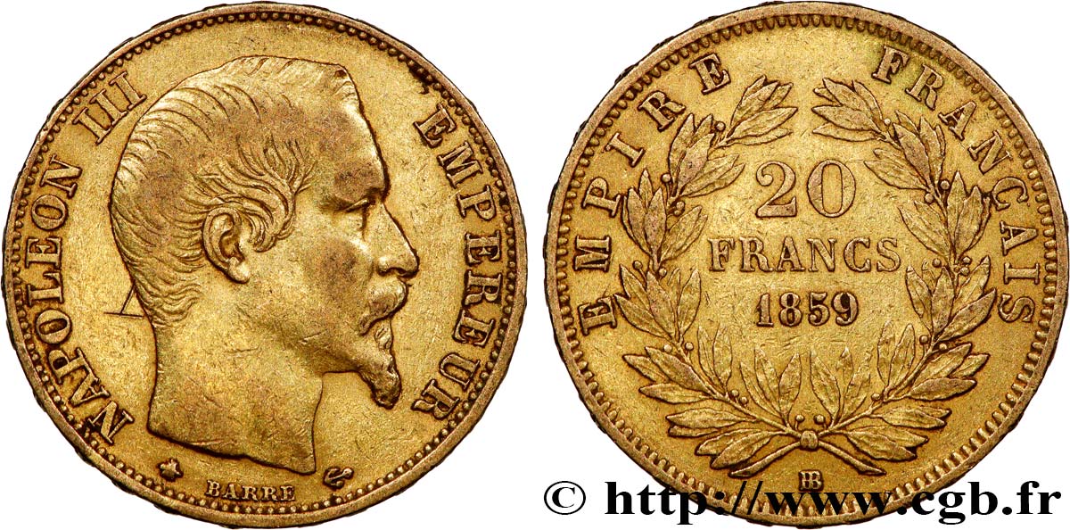 20 francs or Napoléon III, tête nue 1859 Strasbourg F.531/16 TTB 
