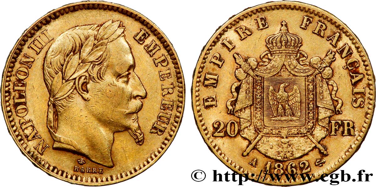 20 francs or Napoléon III, tête laurée 1862 Paris F.532/3 MBC 