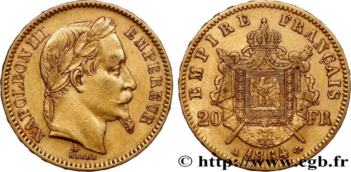 20 francs or Napoléon III, tête laurée 1864 Paris F.532/8 MBC45 