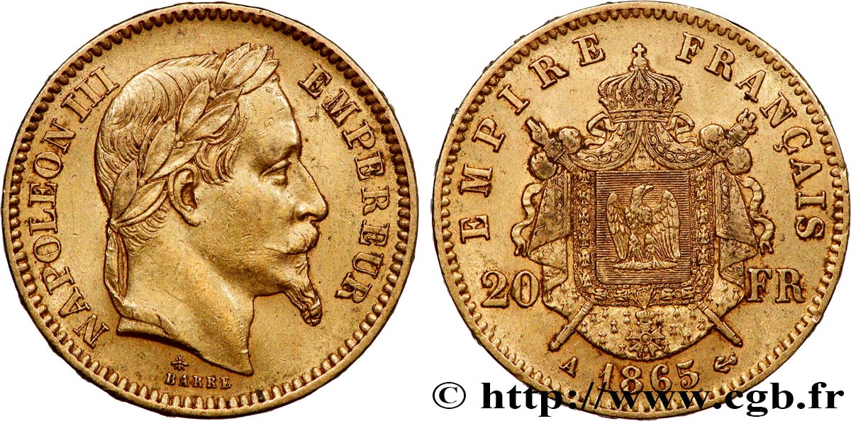 20 francs or Napoléon III, tête laurée 1865 Paris F.532/11 TTB50 