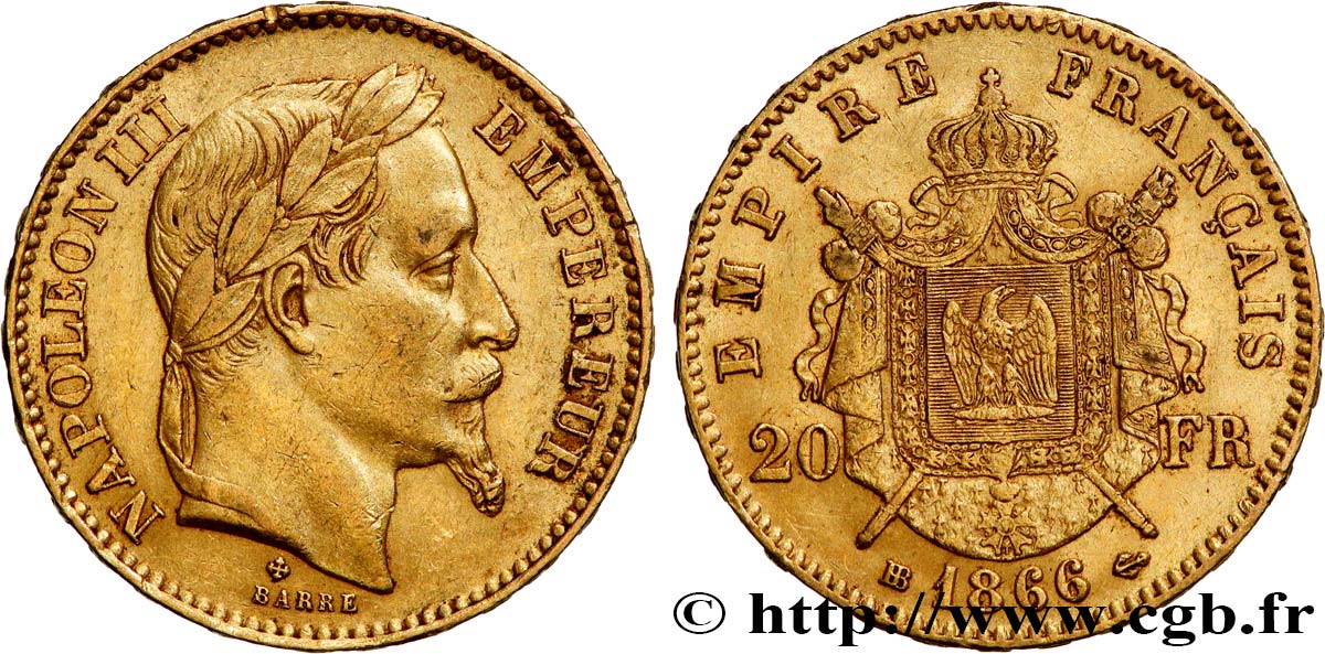 20 francs or Napoléon III, tête laurée 1866 Strasbourg F.532/14 XF45 