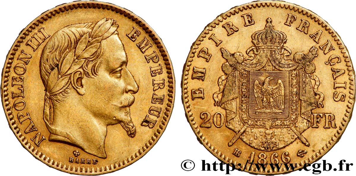 20 francs or Napoléon III, tête laurée 1866 Strasbourg F.532/14 SS45 