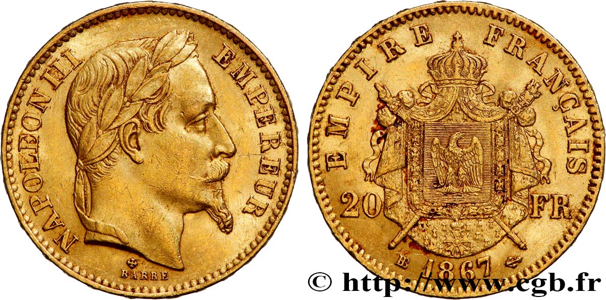 20 francs or Napoléon III, tête laurée, petit BB 1867 Strasbourg F.532/16 TTB50 