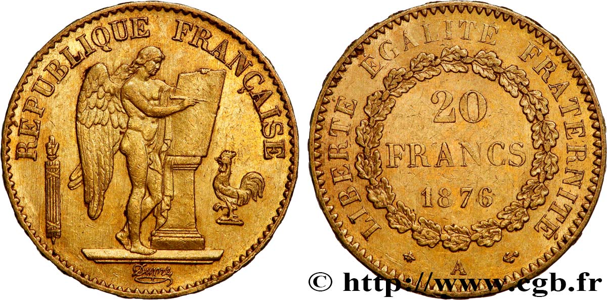 20 francs or Génie, IIIe République 1876 Paris F.533/4 AU53 