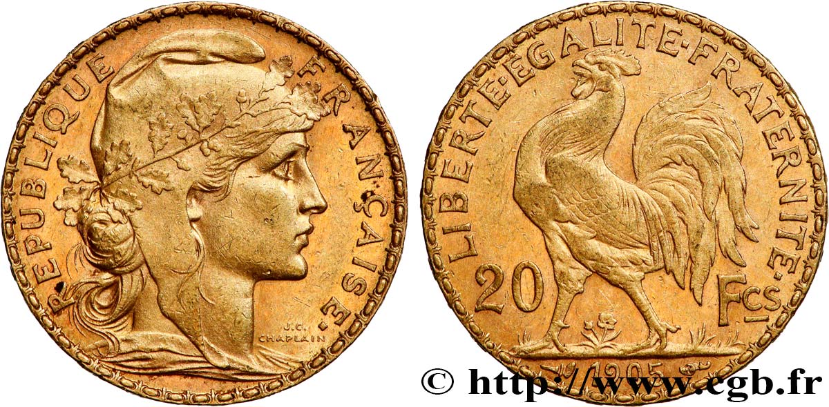 20 francs or Coq, Dieu protège la France 1905 Paris F.534/10 MBC+ 