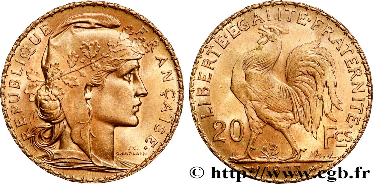 20 francs or Coq, Liberté Égalité Fraternité 1907 Paris F.535/1 SPL 