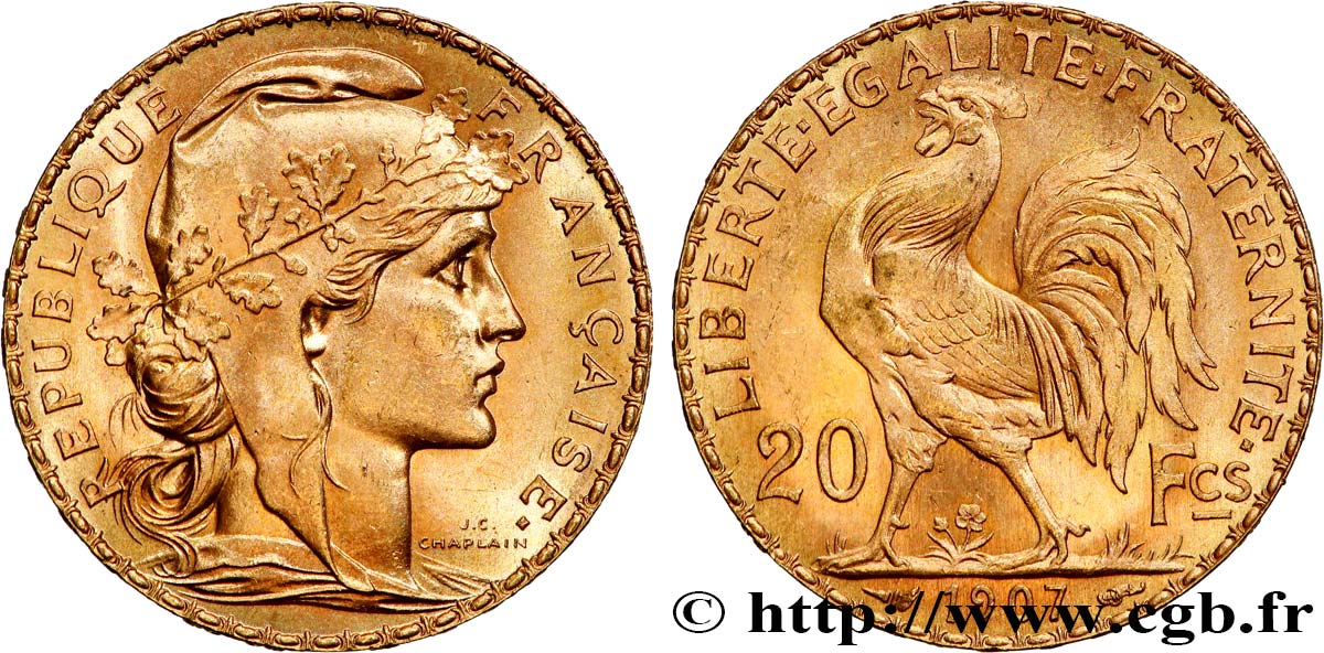 20 francs or Coq, Liberté Égalité Fraternité 1907 Paris F.535/1 SUP+ 