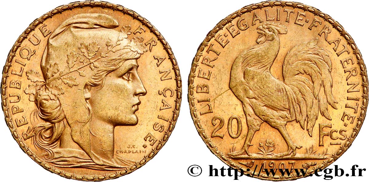 20 francs or Coq, Liberté Égalité Fraternité 1907 Paris F.535/1 AU 