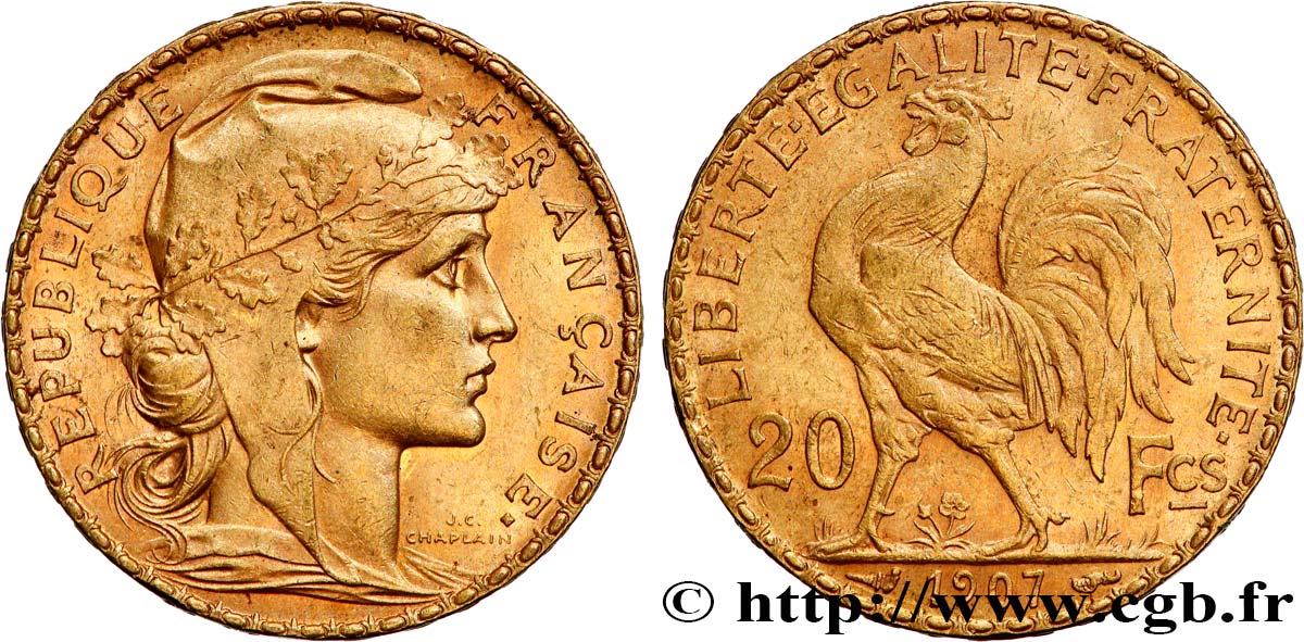 20 francs or Coq, Liberté Égalité Fraternité 1907 Paris F.535/1 TTB+ 