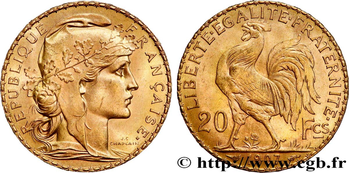 20 francs or Coq, Liberté Égalité Fraternité 1907 Paris F.535/1 SUP+ 