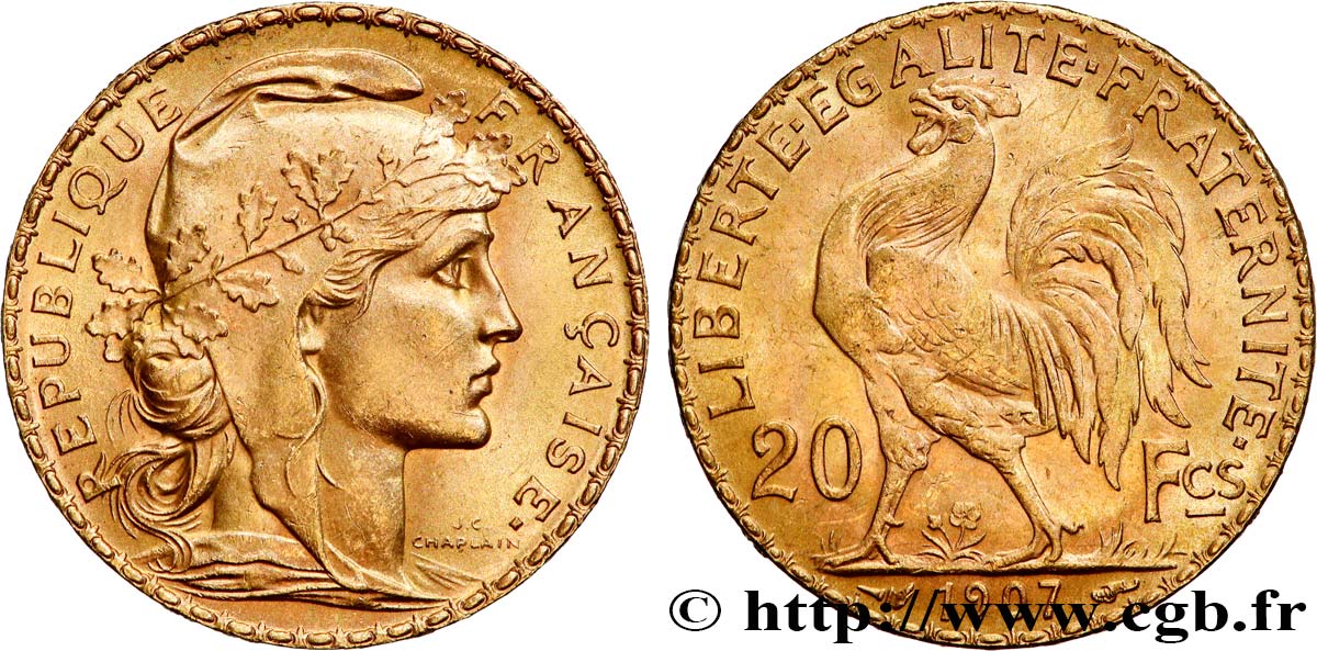20 francs or Coq, Liberté Égalité Fraternité 1907 Paris F.535/1 SUP+ 