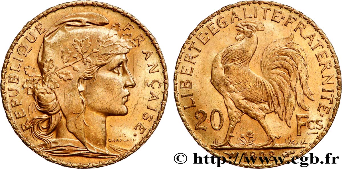 20 francs or Coq, Liberté Égalité Fraternité 1908 Paris F.535/2 SUP+ 