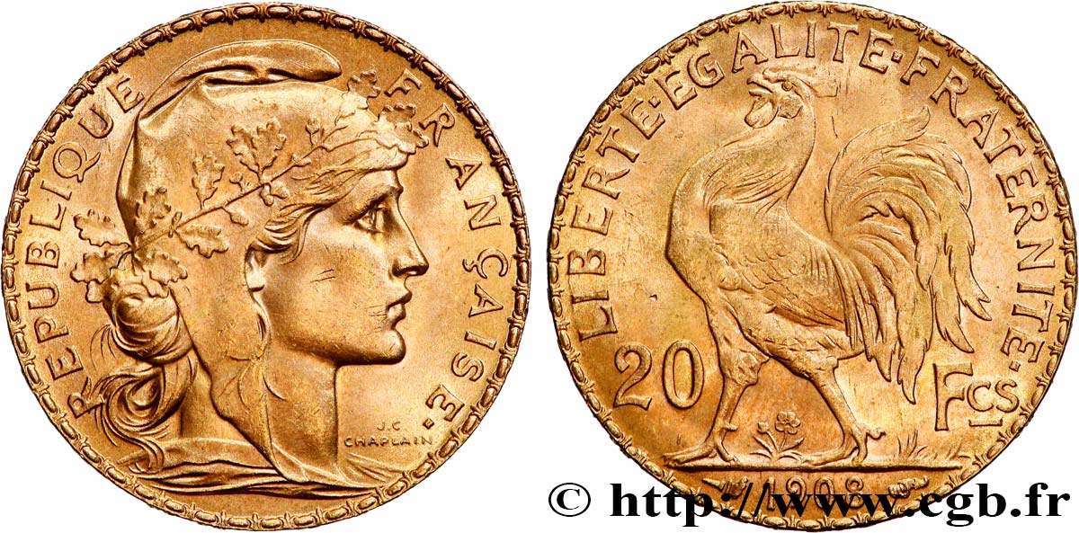 20 francs or Coq, Liberté Égalité Fraternité 1908 Paris F.535/2 SUP+ 