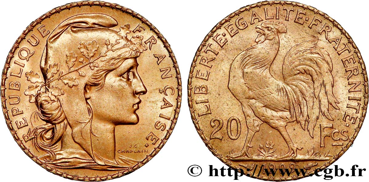 20 francs or Coq, Liberté Égalité Fraternité 1909 Paris F.535/3 SUP+ 